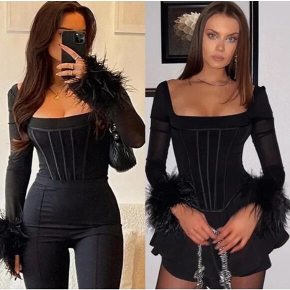 House of CB Tops - House of CB | NWT Black Stella Mesh Feather Cuff Corset Top M